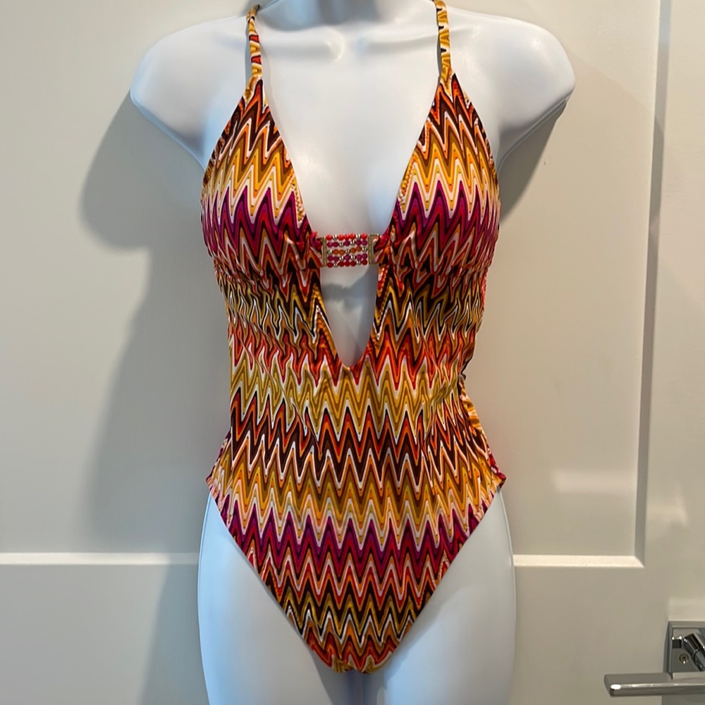 ABS one piece swim beads on front, tie back